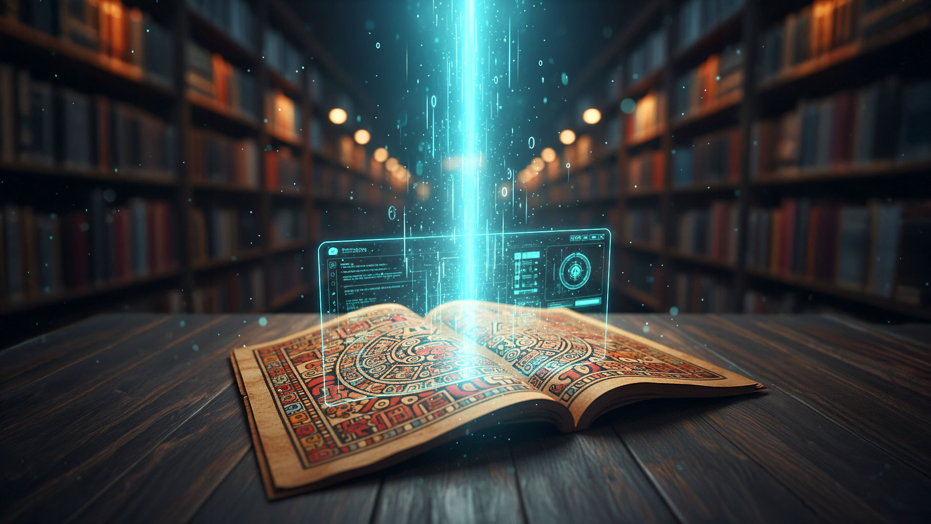 Imagen de un libro con una proytección holográfica. Conoce nuestras Fuentes